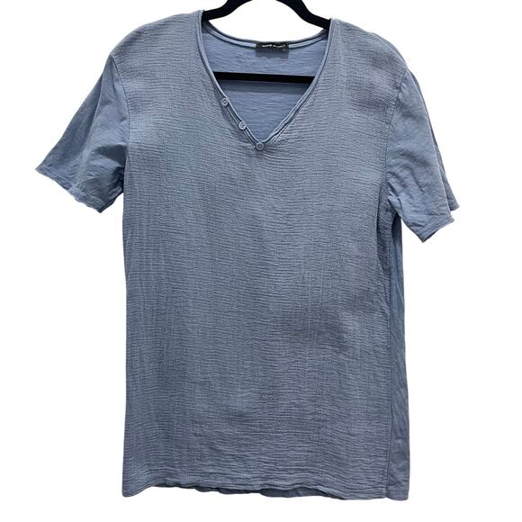 MADE IN ITALY Tops - Made in Italy Linen Cotton Knit T Shirt Blue Medium Mixed Media Raw Edge V Neck